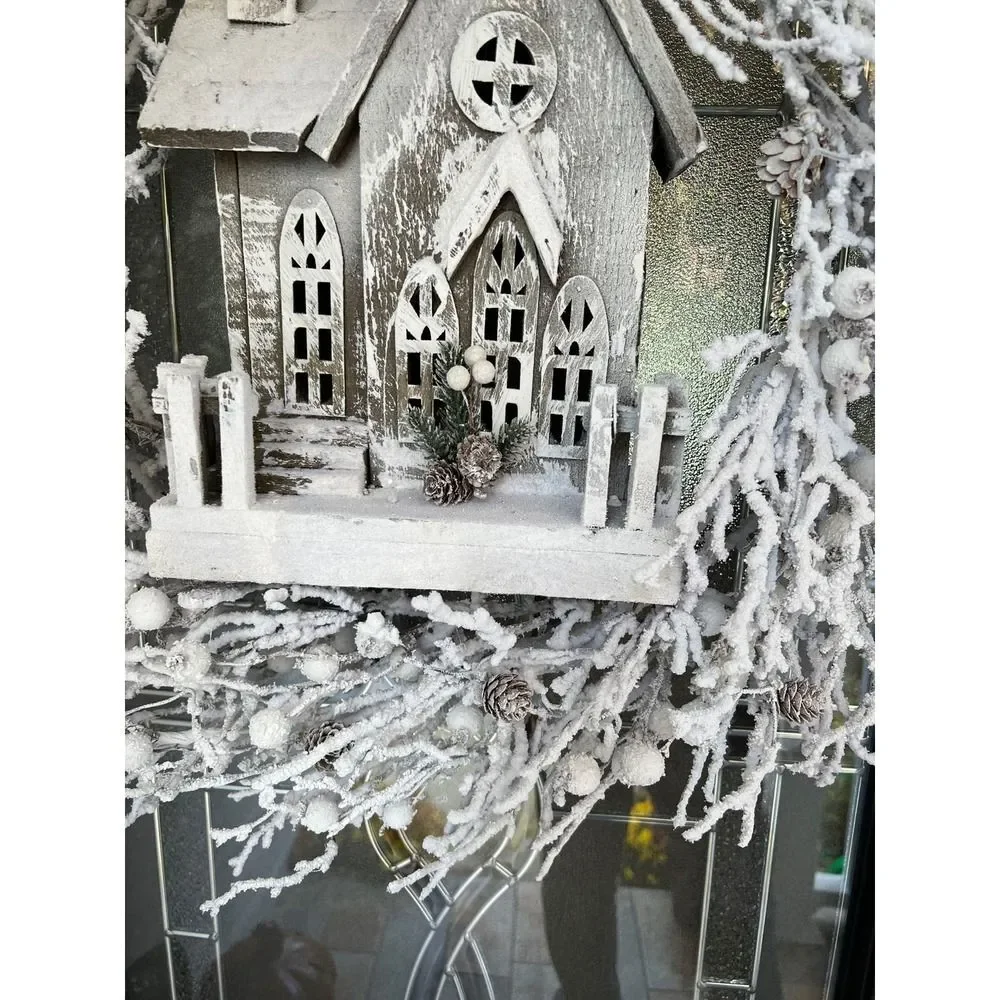 Winter Snow Twig Wreath With Lighted Wooden Church